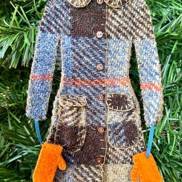 Harris Tweed Brown Plaid Wool Coat Ornament with vintage wool felt mittens