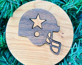 Dalla Cowboys inspired Solid Cherry/Walnut Wood Christmas Ornament