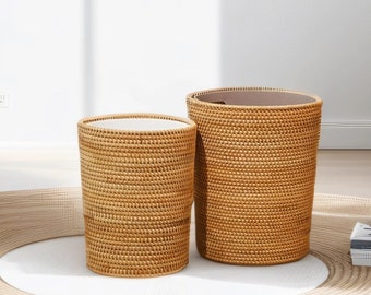 Rattan woven storage tube trash storage basket cylinder with liner desktop waste paper bucket light luxury nordic japanese home,home decor