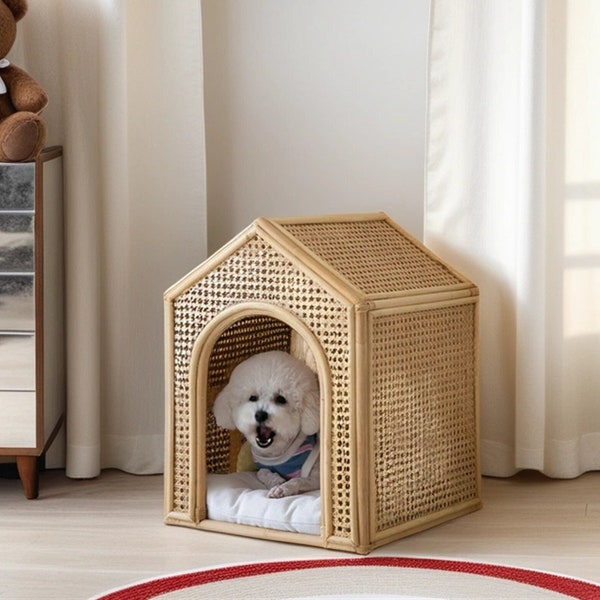 Natural rattan woven Japanese-style pet kennel with cotton mat, cat kennel dog kennel,suitable for small pet such as Pomeranian Teddy poodle