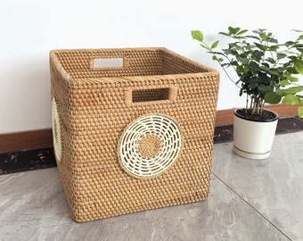 Handmade hollow concentric circle design rattan woven storage baskets with handle,rattan mudroom storage basket,custom any size fit for you