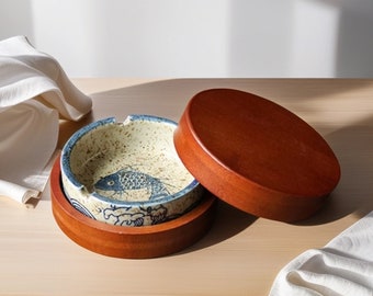 Japanese-style retro bamboo and wood ceramic ashtray household ceramic anti-flying ash with cover fashion creative office ashtray,home decor