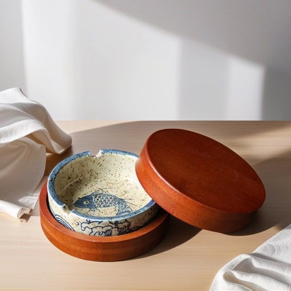Japanese-style retro bamboo and wood ceramic ashtray household ceramic anti-flying ash with cover fashion creative office ashtray,home decor