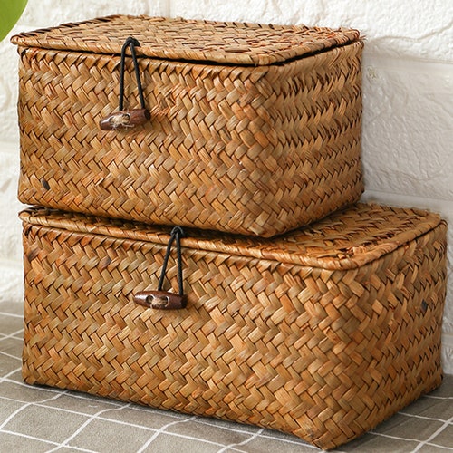 Small Straw Woven Basket With Lid Square Storage Box Utility Small Straw Woven Basket With Lid, Woven Storage Bins With Lids