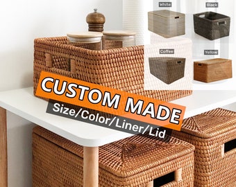 Custom size and color rattan woven storage baskets with liner and lid,rattan storage box, home decor (PLEASE READ DESCRIPTION before order)