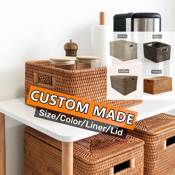 Custom size and color rattan woven storage baskets with liner and lid,rattan storage box, home decor (PLEASE READ DESCRIPTION before order)