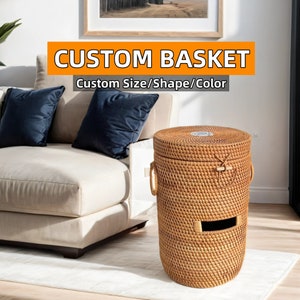 Custom size rattan woven cylinder storage baskets with lid,storage of umbrellas and blankets,customized shapes and colors,home decor