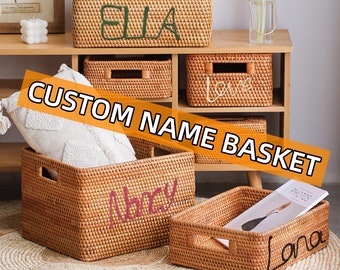 Custom name rattan woven basket,personalized name kids toy storage basket,name rattan basket,baby gift basket,mudroom basket,home decor