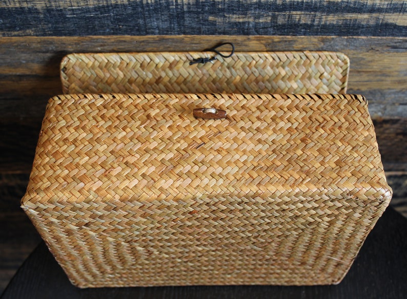 Straw woven basket with lid Square storage box Utility Etsy