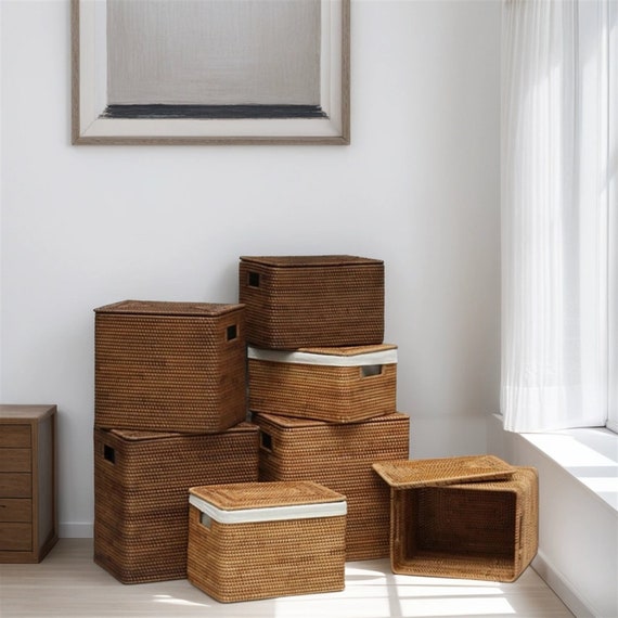 Custom Size And Color Rattan Woven Storage Baskets With Liner And Lid,rattan Storage Box, Home Decor (PLEASE READ DESCRIPTION Before Order