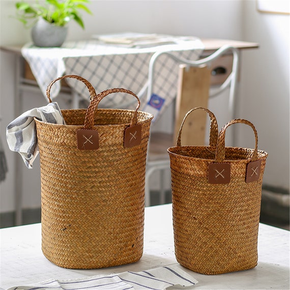 Straw Baskets With Double Handle Round Bucket Basket Straw Etsy