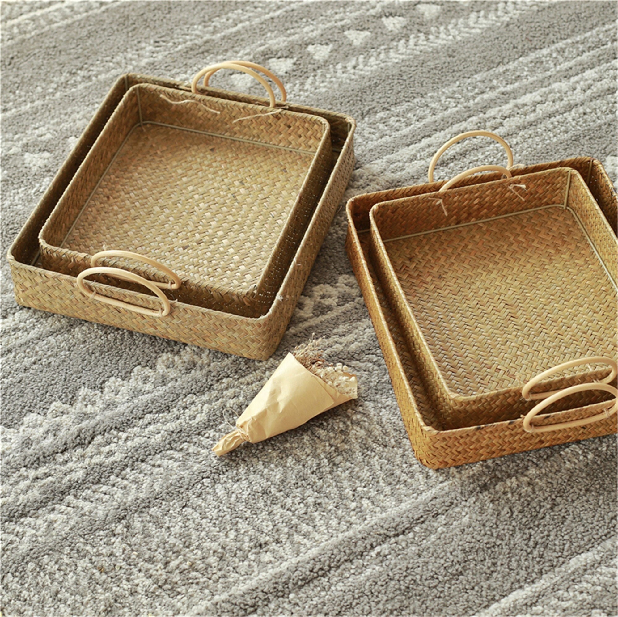 Rustic square straw basket tray with handleHand woven coffee Etsy