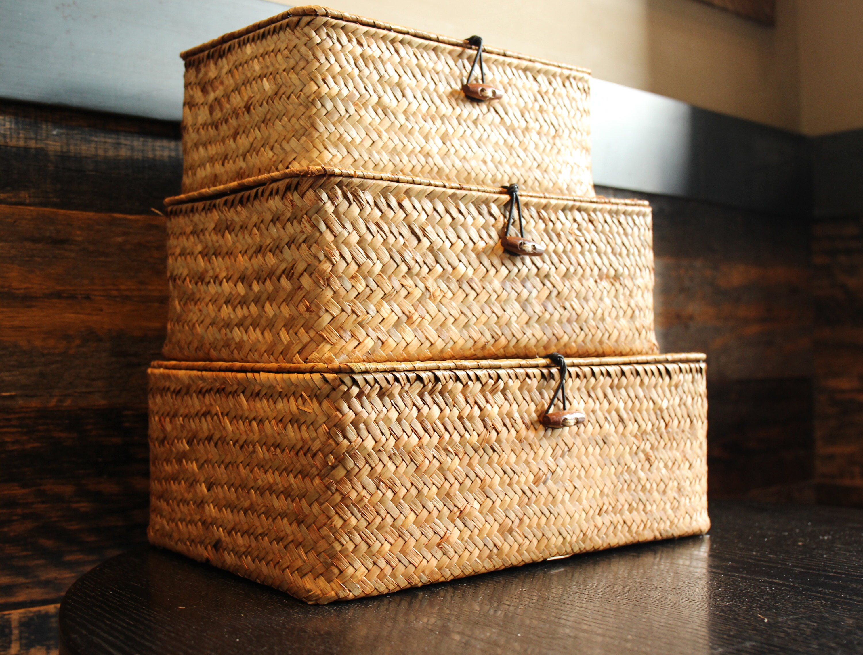 Straw woven basket with lid, Square storage box, Utility basket,Perso…
