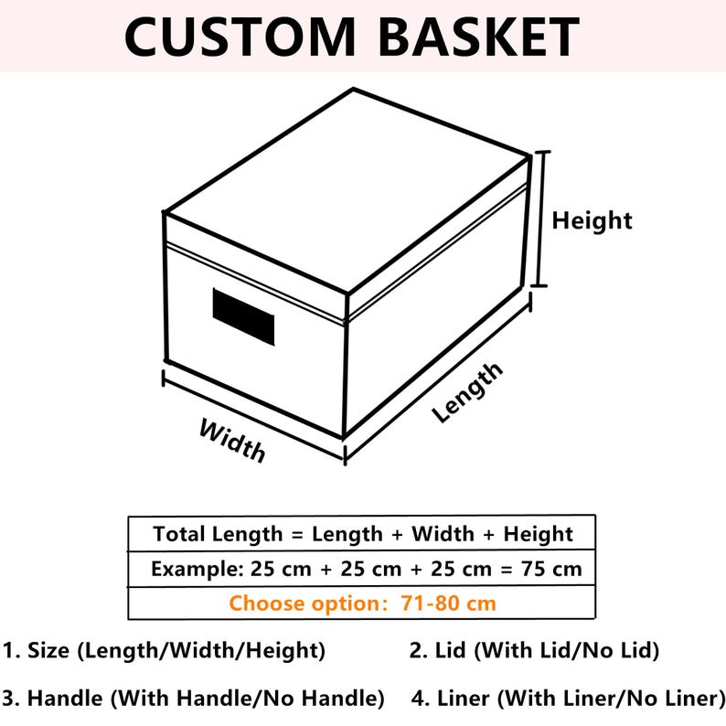 May include: Diagram of a rectangular storage basket with a lid. The diagram shows the length, width, and height of the basket. The text below the diagram says "Total Length = Length + Width + Height" and "Example: 25 cm + 25 cm + 25 cm = 75 cm". The text below the example says "Choose option: 71-80 cm". Below the diagram are four options for customizing the basket: 1. Size (Length/Width/Height), 2. Lid (With Lid/No Lid), 3. Handle (With Handle/No Handle), 4. Liner (With Liner/No Liner).