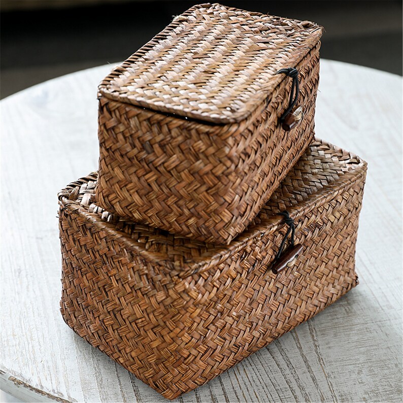 Vintage Straw Woven Square Basket With Liddesktop Storage Etsy