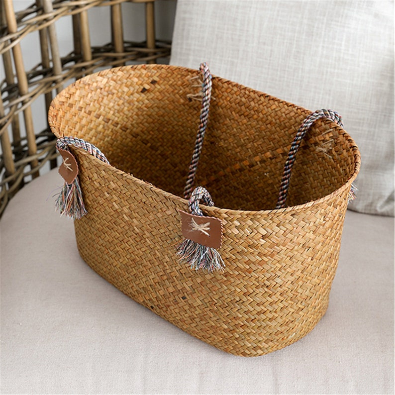Straw Woven Basket With Handle Oval Storage Basket Etsy