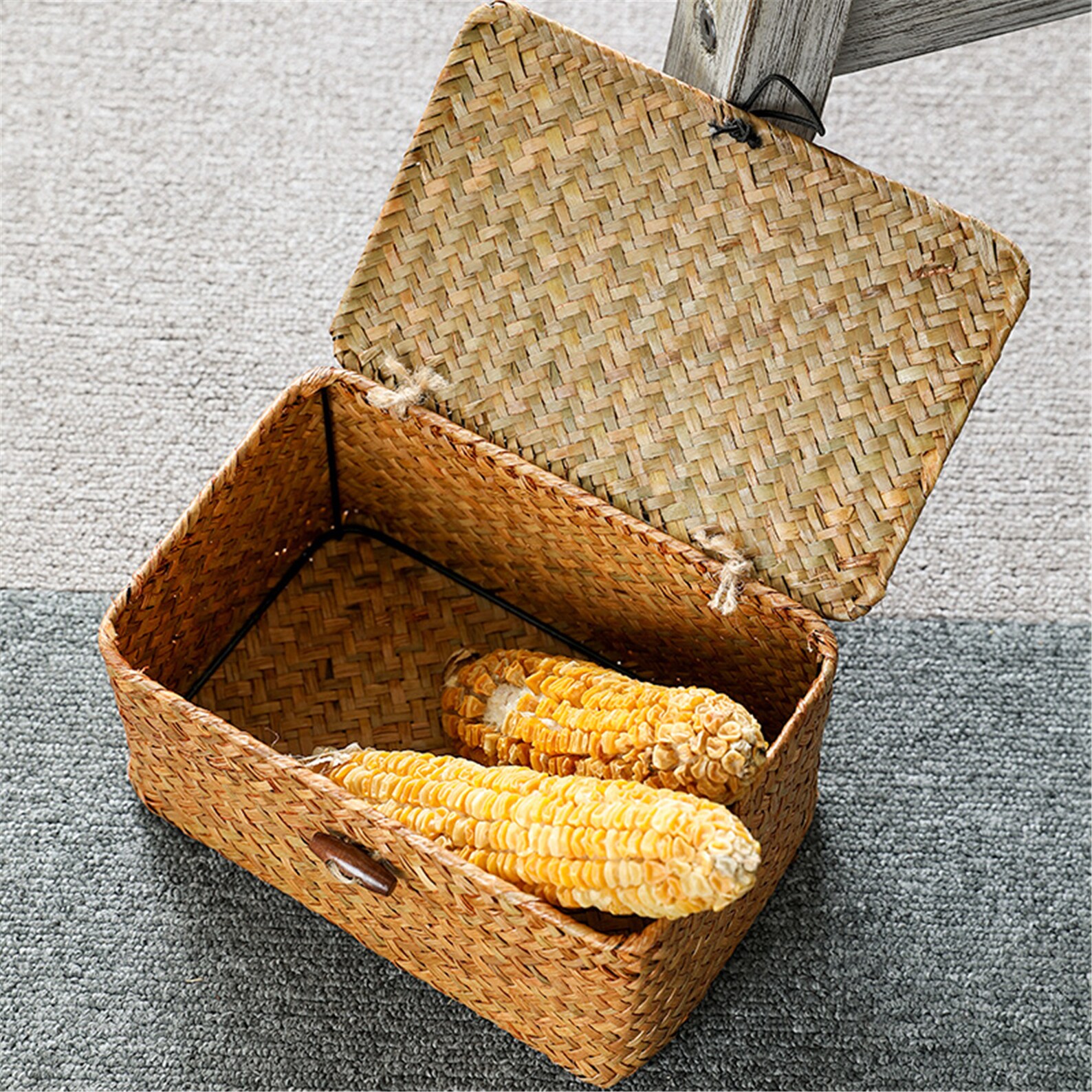 Vintage Straw Woven Square Basket with LidDesktop Storage Etsy