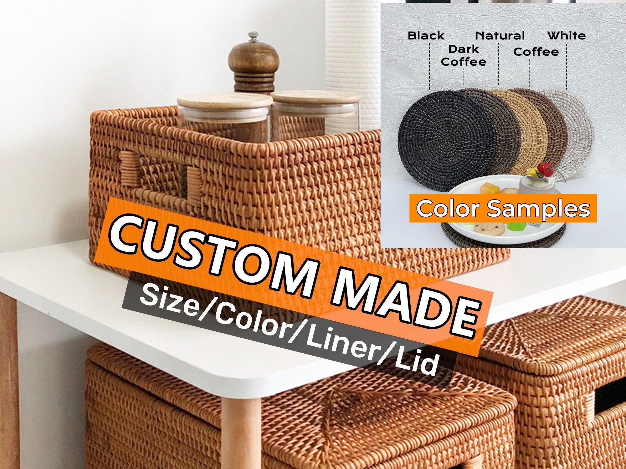 Custom size and color rattan woven storage baskets with liner and lid,rattan storage box, home decor (PLEASE READ DESCRIPTION before order)