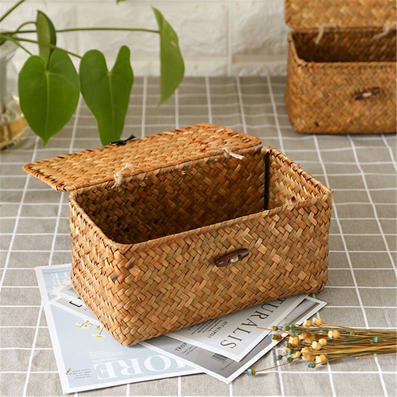 Small Straw Woven Basket With Lid Square Storage Box Utility Etsy