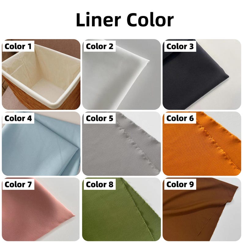 May include: Nine fabric swatches in different colors, labeled with numbers 1 through 9. The swatches are arranged in a grid of three rows and three columns. The colors are: white, black, light blue, gray, orange, pink, green, brown, and beige.