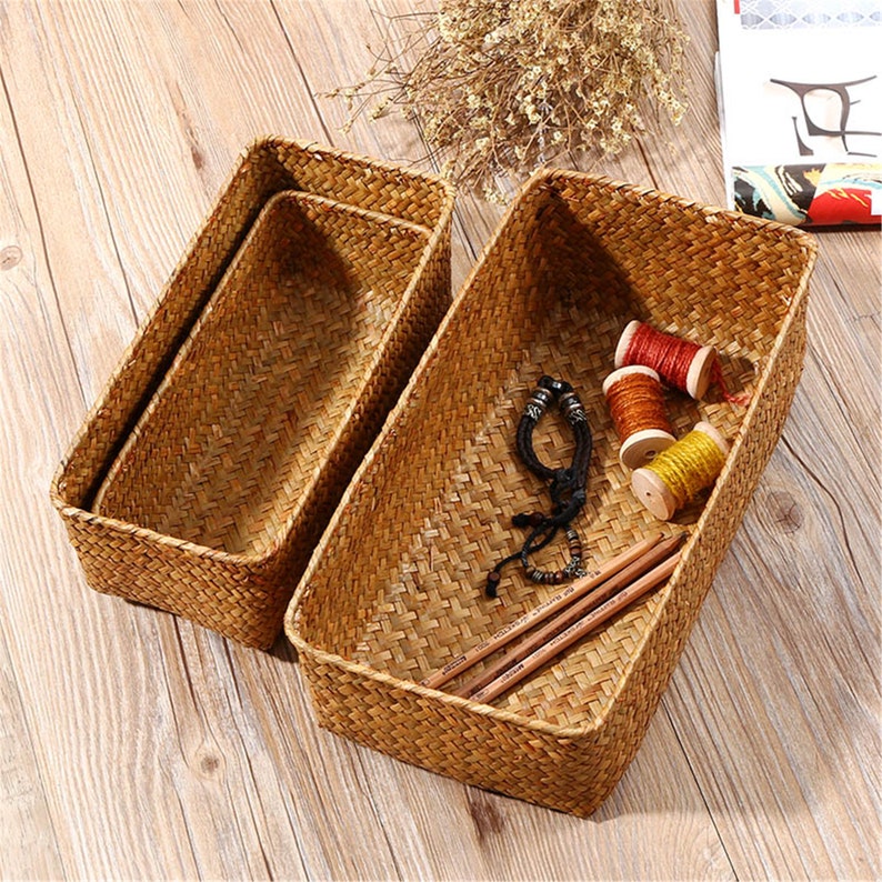 Straw Woven Basket Natural Vintage Straw Square Box Utility Etsy