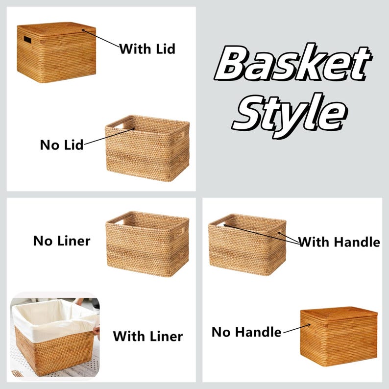 May include: A set of four woven storage baskets in various configurations. The baskets are made of natural woven material and have a rectangular shape. The baskets are shown with and without lids, liners, and handles. The text "Basket Style" is displayed above the baskets.