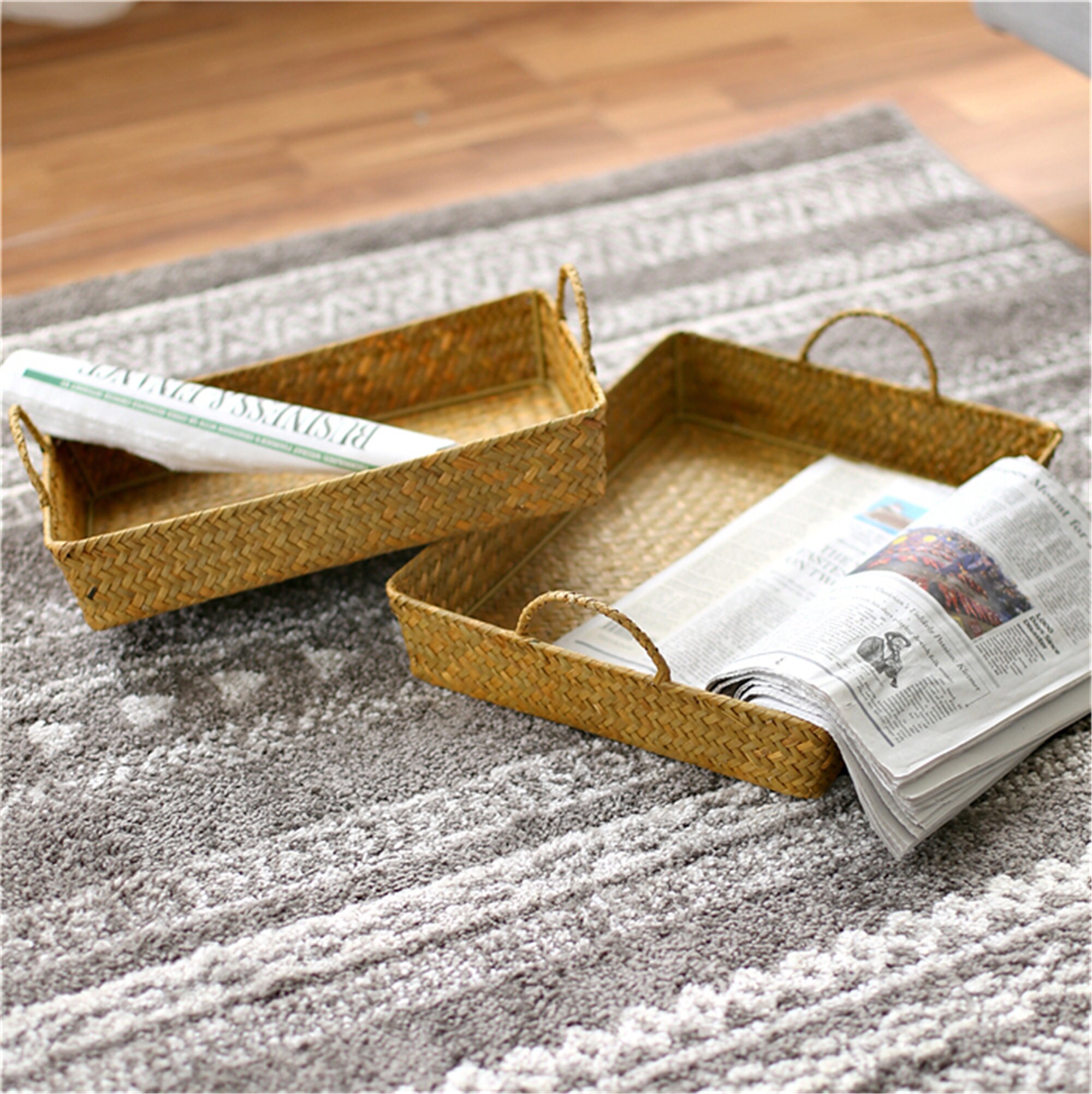Rustic square straw basket tray with handle Hand woven coffee Etsy