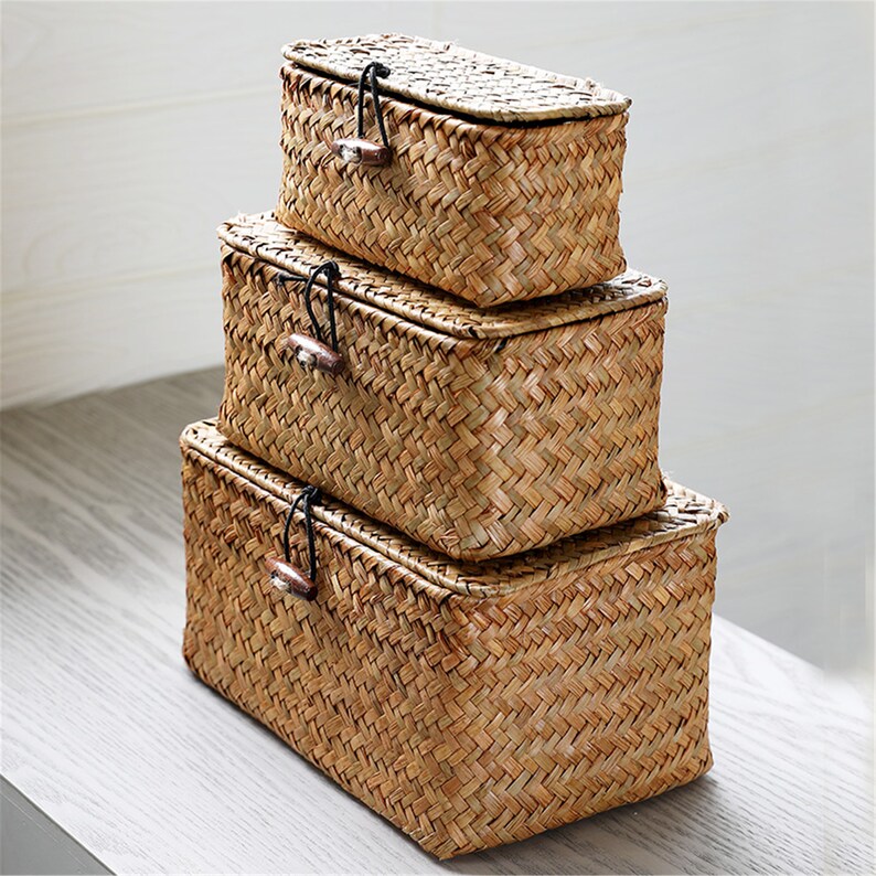 Vintage Straw Woven Square Basket with LidDesktop Storage Etsy