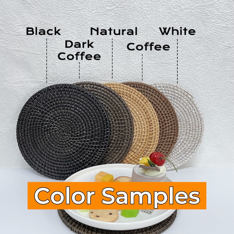 May include: Color samples of round woven placemats in black, dark coffee, natural coffee, and white. The text "Color Samples" is displayed below the placemats.