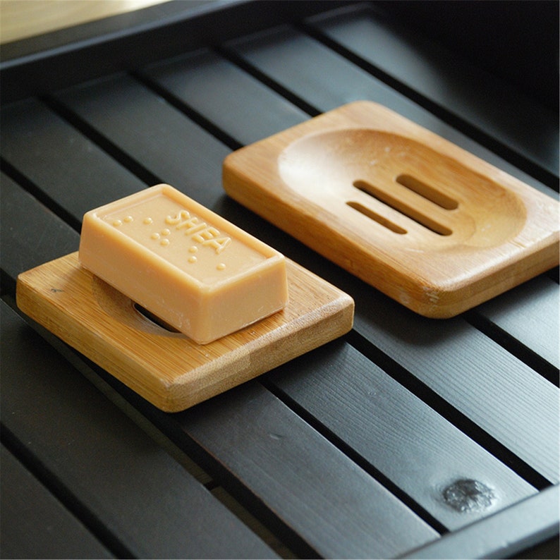 Soap Dish Holder Wood Unique Reusable Compostable Bamboo Soap Drainer Tray Bathroom Suqare Soap Box Dispenser