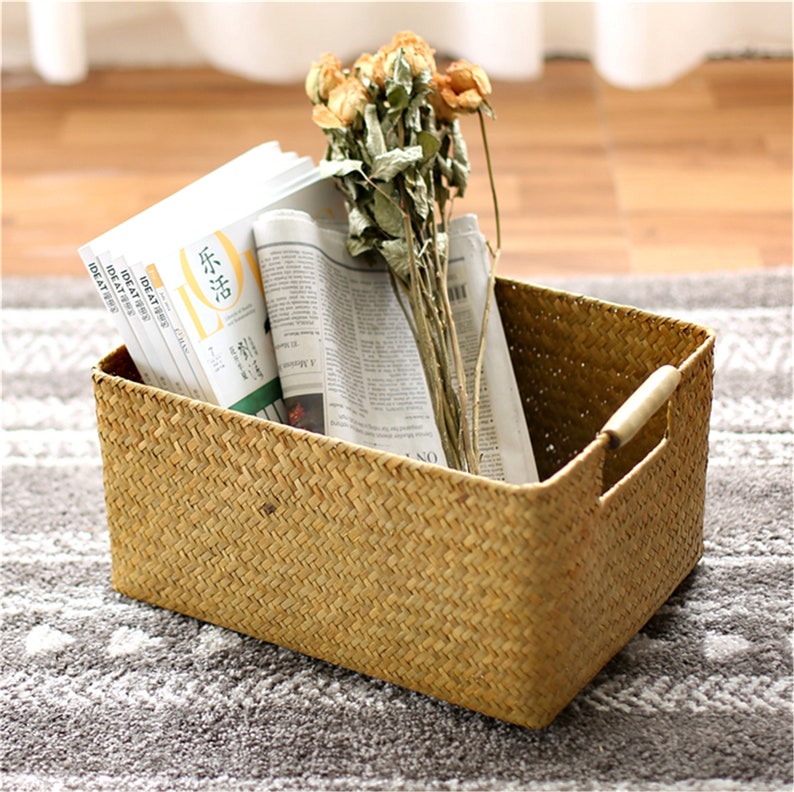 Rustic Rectangular Straw Basket With Handles Laundry Basket Etsy