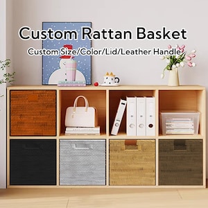 Custom size mudroom rattan basket with lid,handmade natural rattan woven cabinet storage basket  with leather handle,toy storage basket