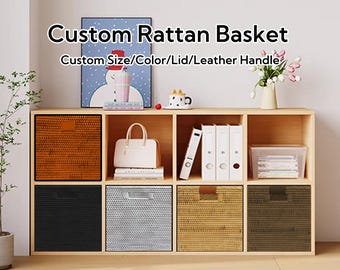 Custom size mudroom rattan basket with lid,handmade natural rattan woven cabinet storage basket  with leather handle,toy storage basket