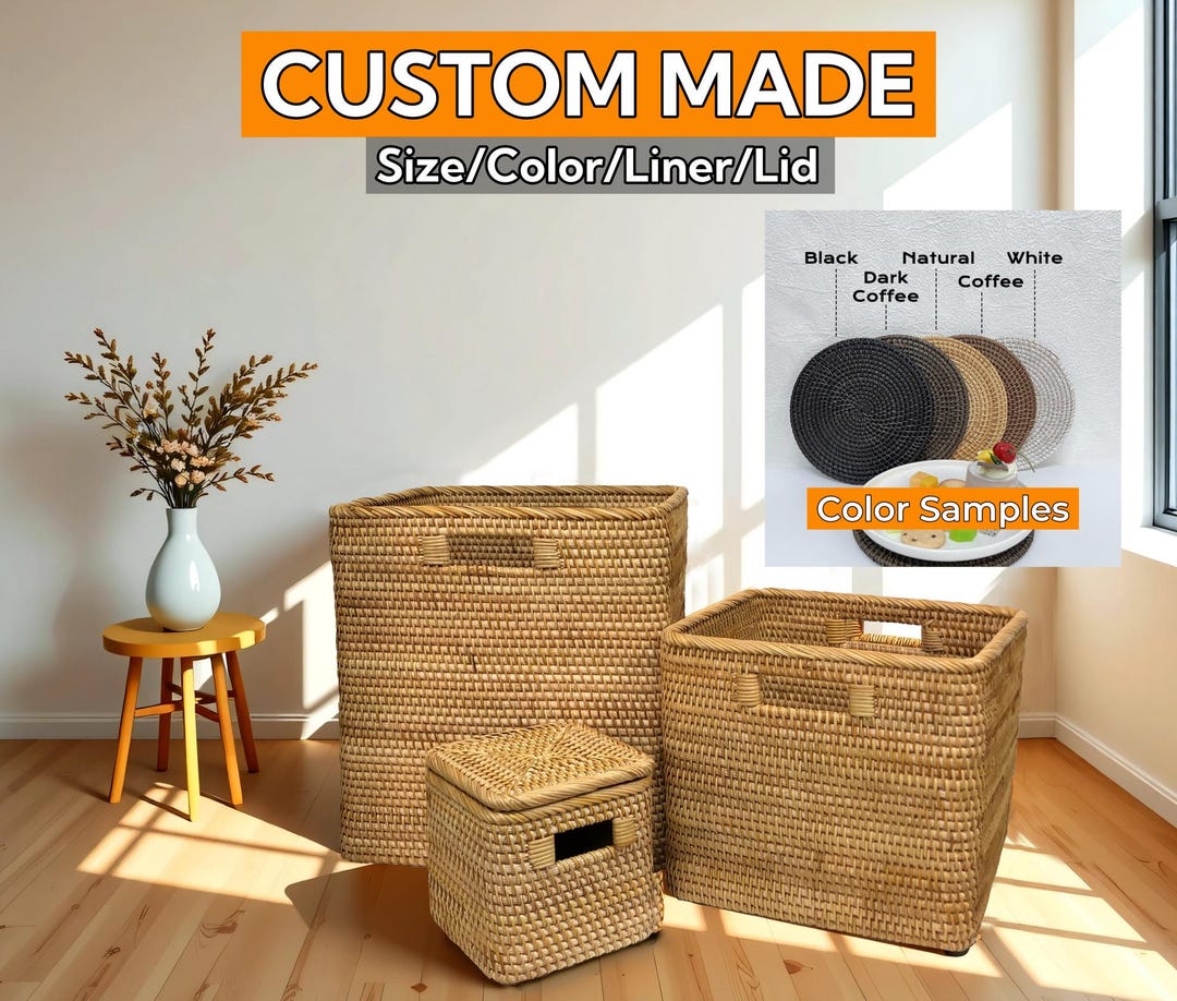 Colorful Ratten Basket Custom Size and Color Rattan Woven Storage Baskets With Liner and Lid ...