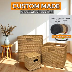 May include: Three woven storage baskets in varying sizes, with handles and a lid on the smallest. The image includes a color sample chart with black, dark coffee, natural coffee, and white options. Text reads "CUSTOM MADE".