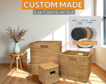 May include: Three woven storage baskets in varying sizes, with handles and a lid on the smallest. The image includes a color sample chart with black, dark coffee, natural coffee, and white options. Text reads "CUSTOM MADE".