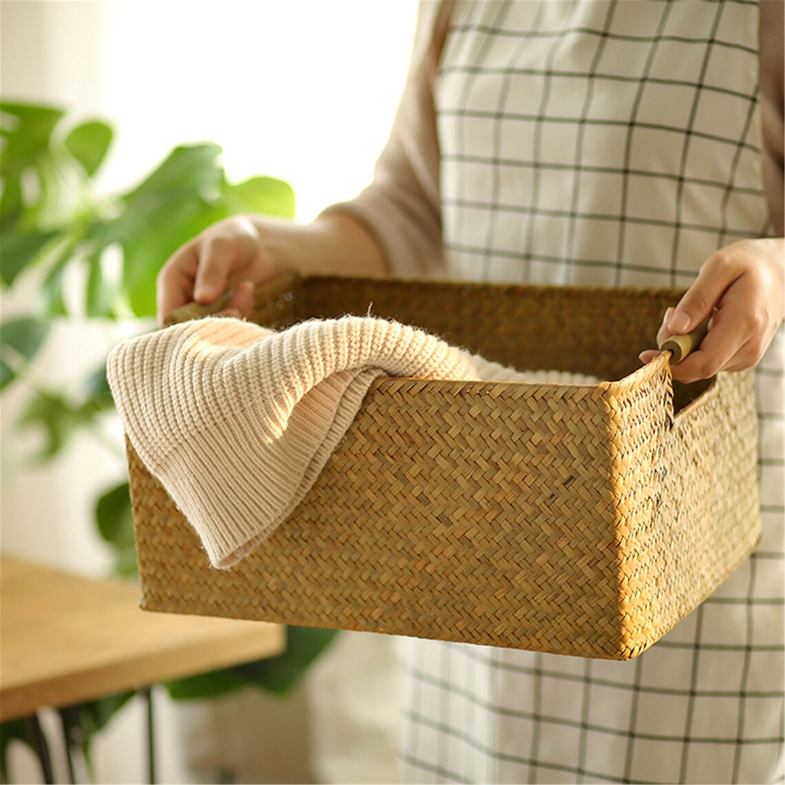 Rustic Rectangular Straw Basket With Handles Laundry Basket Etsy