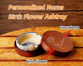 Gepersonaliseerde geboortebloemenasbak, retro houtkeramische asbak in Japanse stijl, huishoudelijke keramische antivliegas met deksel, aangepaste naamasbak