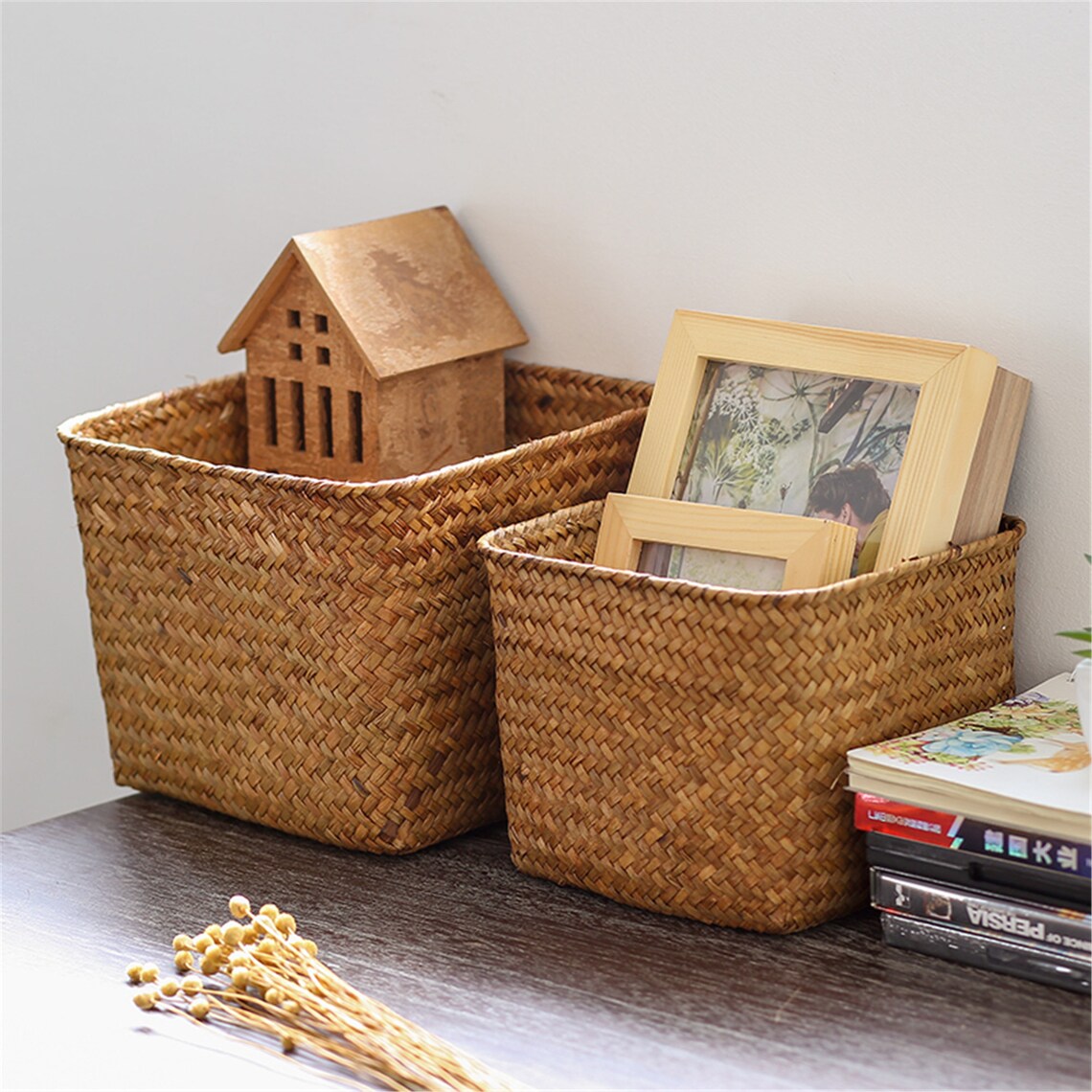 Straw woven basket Vintage straw square box Utility Etsy