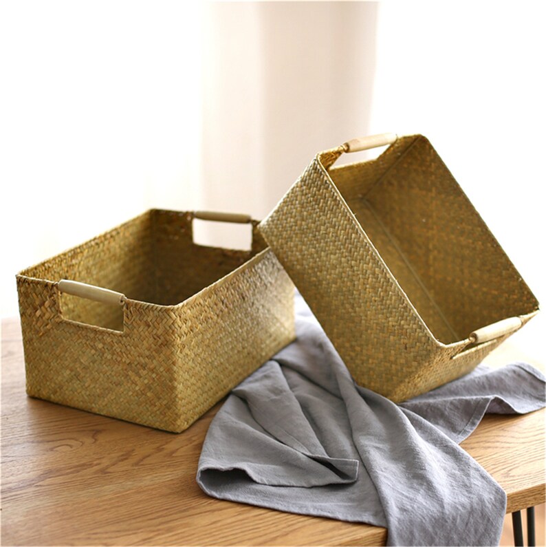 Rustic Rectangular Straw Basket With Handles Laundry Basket Etsy