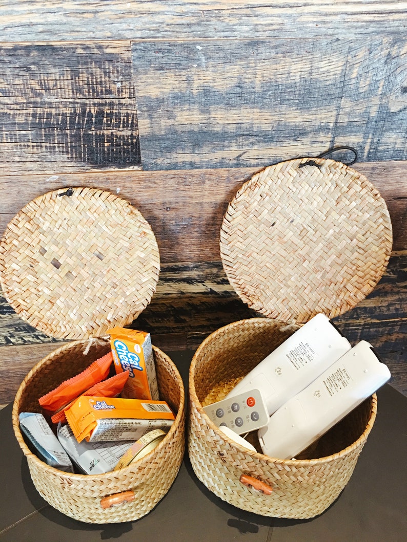 Straw Woven Basket With Lid Round Storage Box Utility Etsy