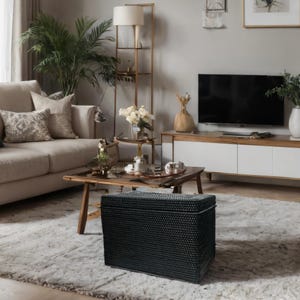 May include: Black woven storage ottoman with a textured surface. The ottoman is in a living room setting with a couch, coffee table, and a television.