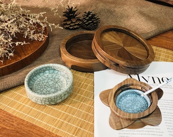 Japanese-style rotating lid magnetic ashtray,custom black walnut color wood and ceramic ashtray,creative rotate to open anti-flying ashtray