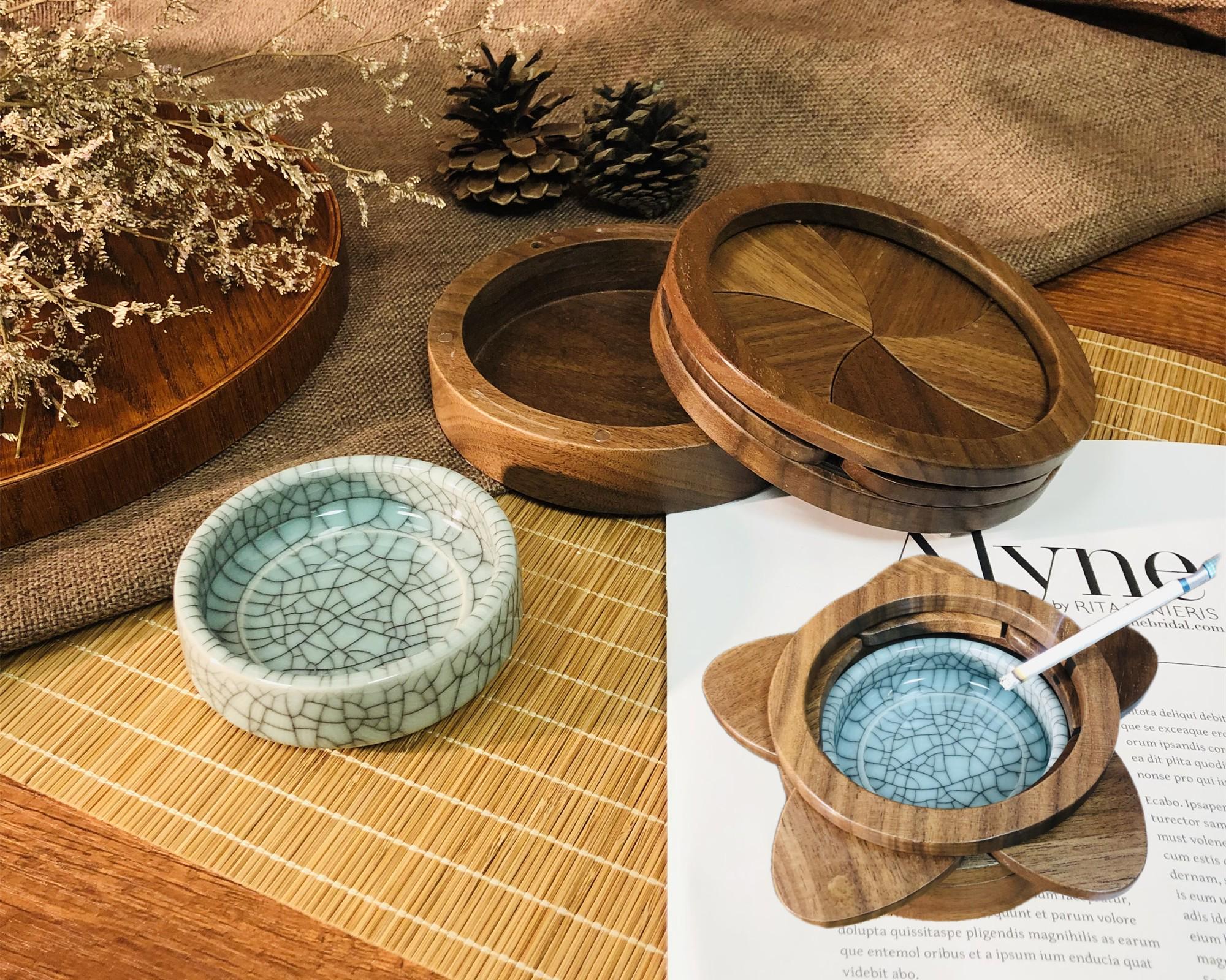 Japanese-style Rotating Lid Magnetic Ashtray,custom Black Walnut
