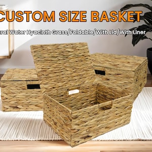 Custom size natural water hyacinth grass woven storage basket with lid,storage box,custom straw basket,cabinet storage basket,mudroom basket
