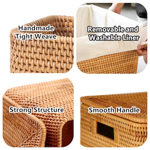 May include: A natural woven storage basket with a removable and washable liner. The basket features a tight weave, strong structure, and a smooth handle. "Handmade Tight Weave", "Removable and Washable Liner", "Strong Structure", and "Smooth Handle" are written on the image.
