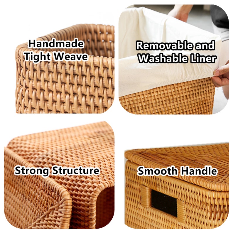 May include: A natural woven storage basket with a removable and washable liner. The basket features a tight weave, strong structure, and a smooth handle. "Handmade Tight Weave", "Removable and Washable Liner", "Strong Structure", and "Smooth Handle" are written on the image.