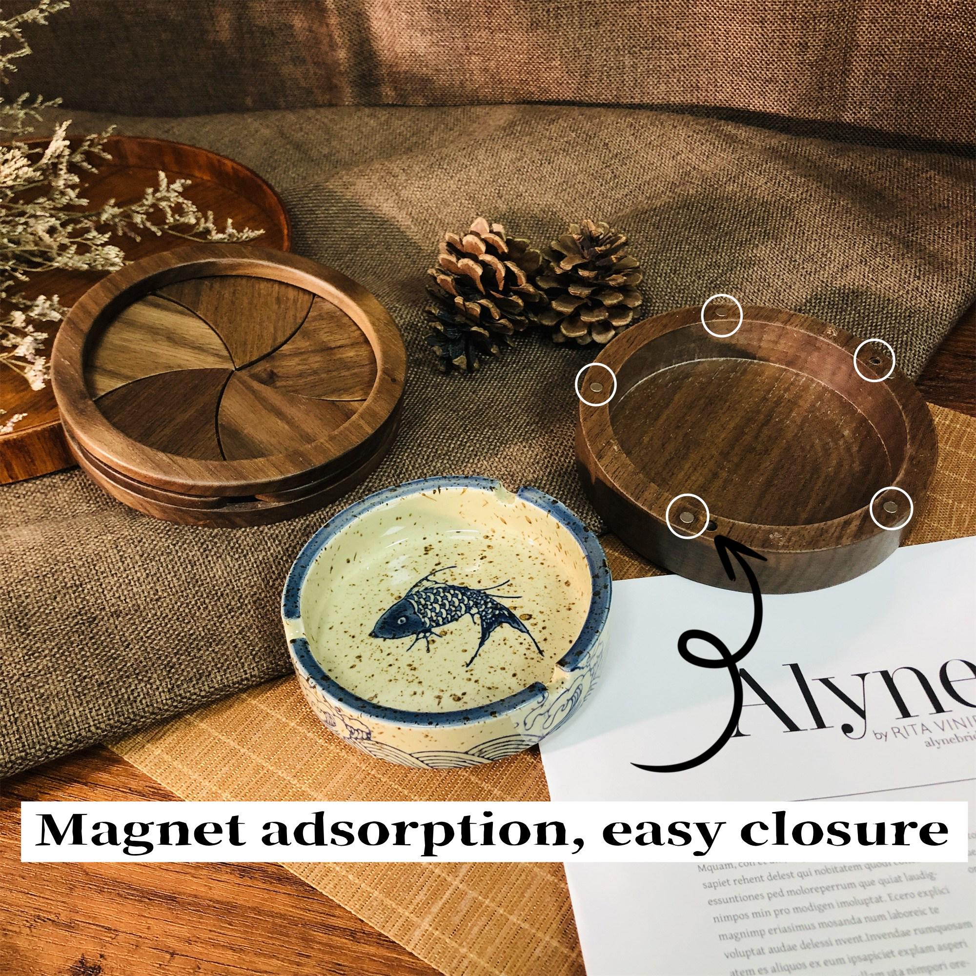 Custom Japanese-style Rotating Lid Magnetic Ashtray,black Walnut