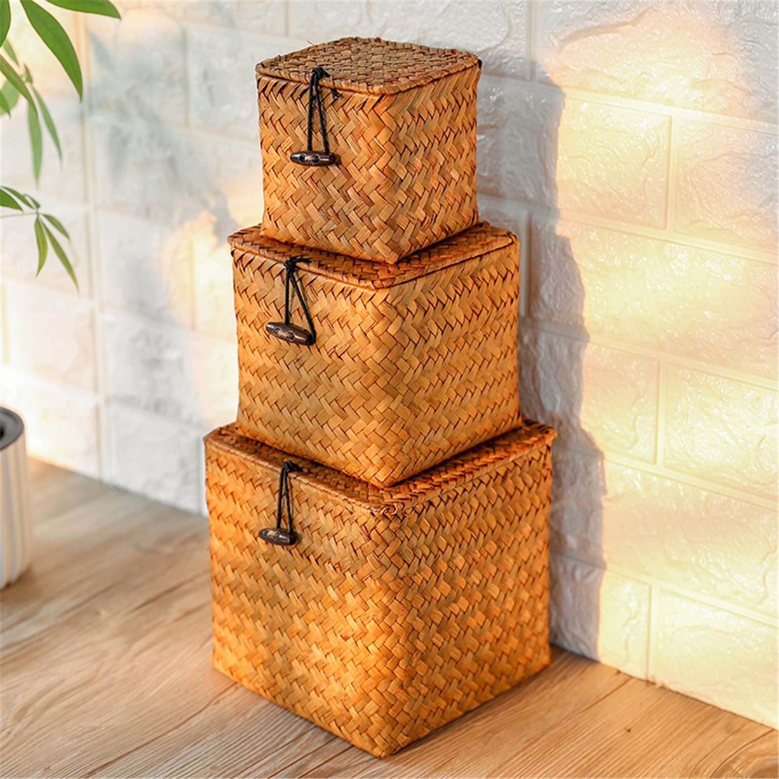 Straw Woven Basket With Lidsquare Desktop Storage Boxwoven Etsy