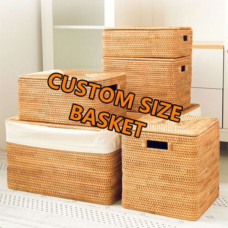 Custom size rattan woven storage baskets with liner and lid,rattan woven storage box, home decor PLEASE READ DESCRIPTION before order image 1